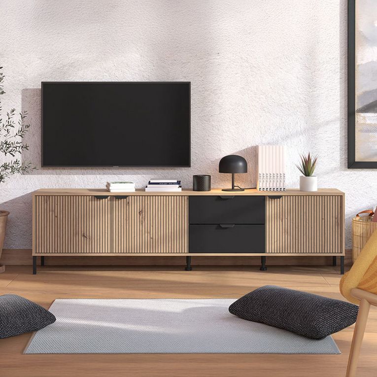 Mobile Porta tv Marrone Rovere Nodi Nero 2 Cassetti un Ripiano 208x40x54.5h cm, 3 Ante - Scapoli