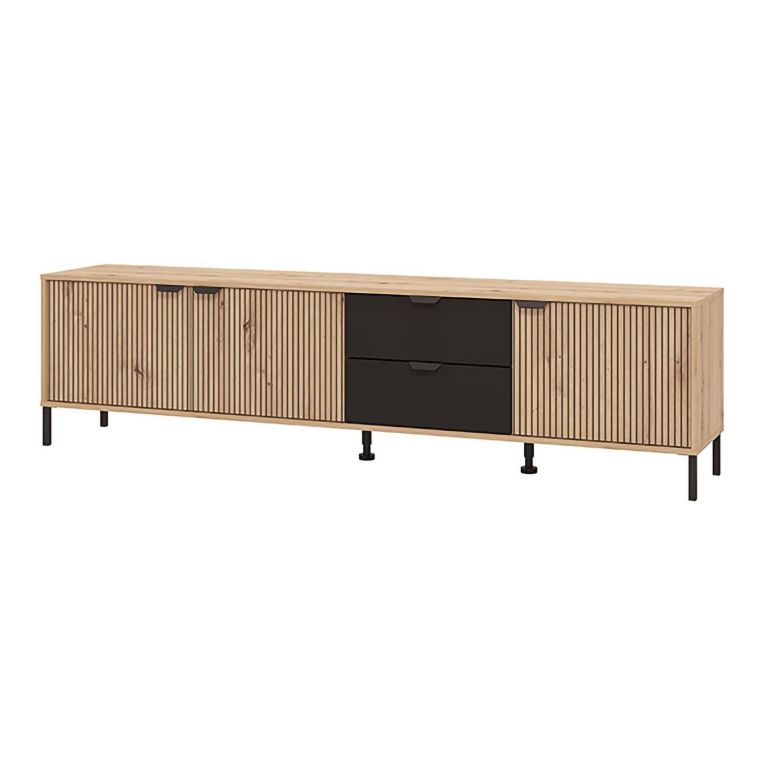 Mobile Porta tv Marrone Rovere Nodi Nero 2 Cassetti un Ripiano 208x40x54.5h cm, 3 Ante - Scapoli