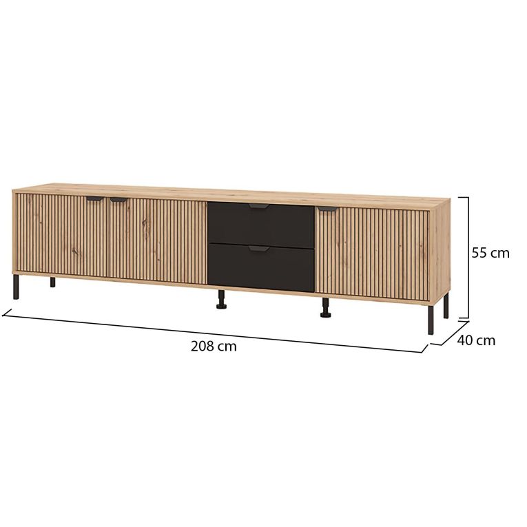 Mobile Porta tv Marrone Rovere Nodi Nero 2 Cassetti un Ripiano 208x40x54.5h cm, 3 Ante - Scapoli