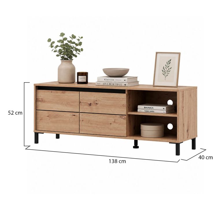 Mobile Porta tv Marrone Rovere Nodi Nero 2 Ripiani 2 Ante 138x40x52h cm, con Piedini - Cigno