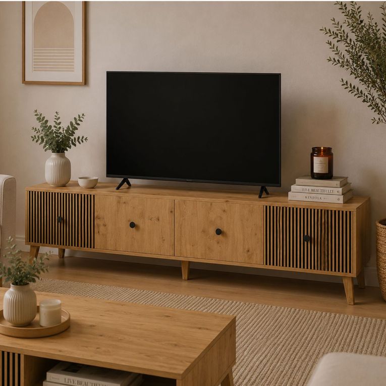 Mobile Porta tv Marrone Rovere Nodi Nero 2 Ripiani 2 Ante 180x42x45h cm, Ante Effetto Rigato - Lileza