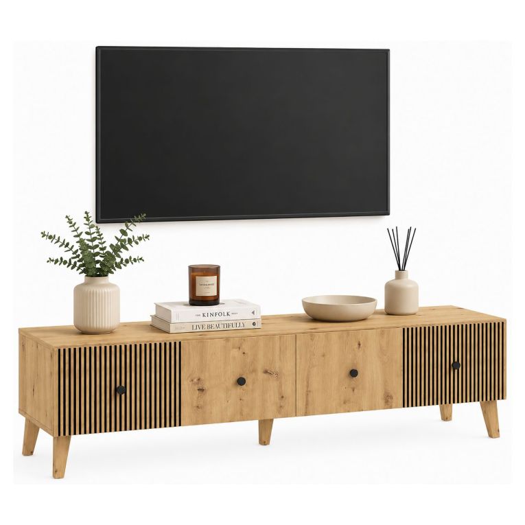 Mobile Porta tv Marrone Rovere Nodi Nero 2 Ripiani 2 Ante 180x42x45h cm, Ante Effetto Rigato - Lileza