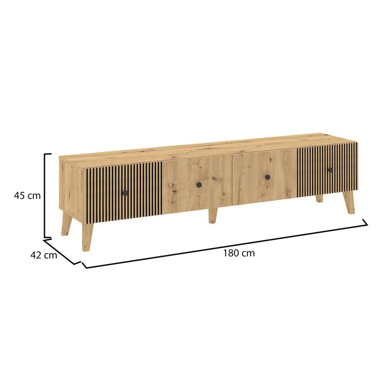 Mobile Porta tv Marrone Rovere Nodi Nero 2 Ripiani 2 Ante 180x42x45h cm, Ante Effetto Rigato - Lileza