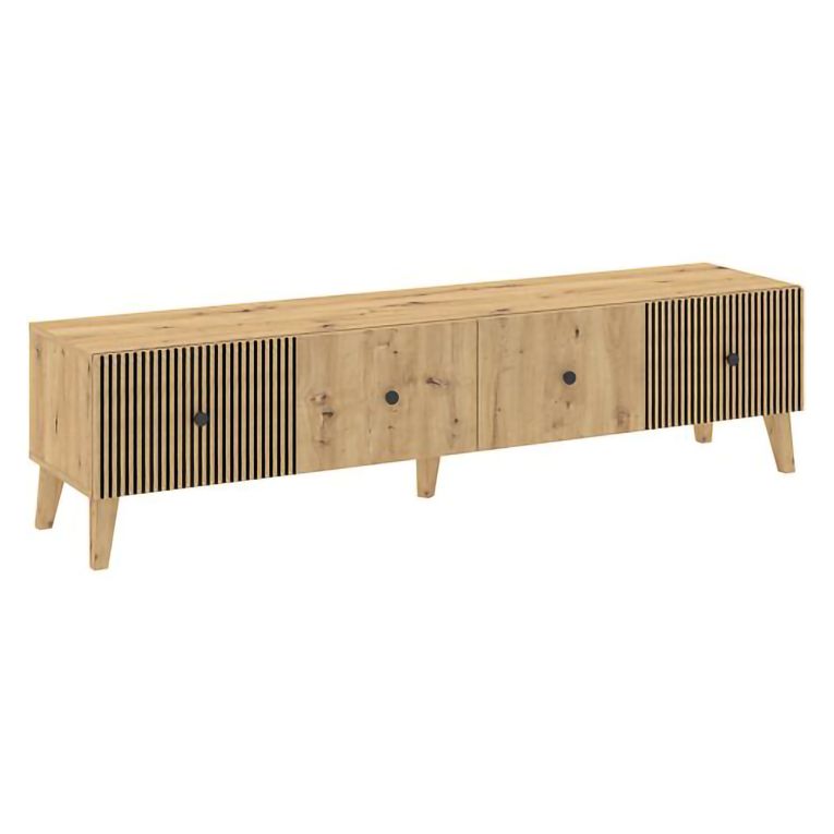 Mobile Porta tv Marrone Rovere Nodi Nero 2 Ripiani 2 Ante 180x42x45h cm, Ante Effetto Rigato - Lileza