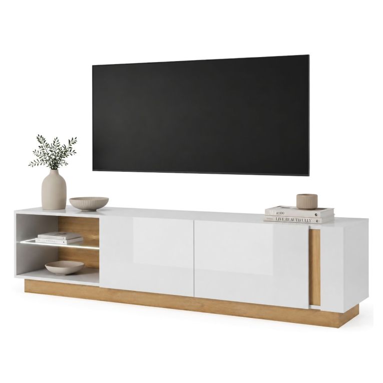 Mobile Porta tv Marrone Rovere Nodi Nero 2 Ripiani 2 Ante 188x40x46h cm, Ripiano in Vetro - Kahadada