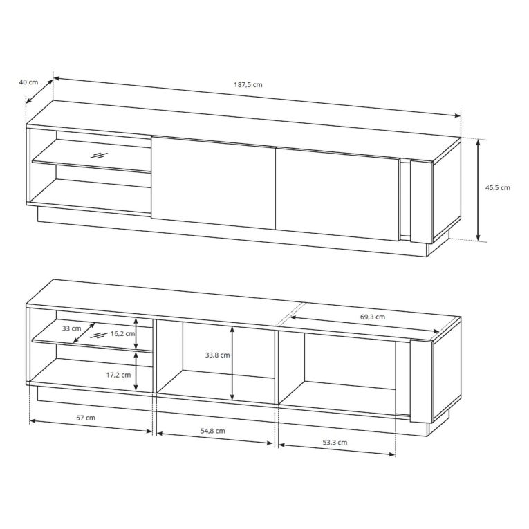 Mobile Porta tv Marrone Rovere Nodi Nero 2 Ripiani 2 Ante 188x40x46h cm, Ripiano in Vetro - Kahadada