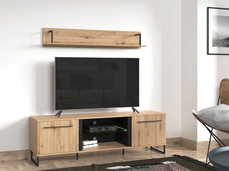 Mobile Porta tv Marrone Rovere Nodi Nero 2 Ripiani 4 Vani 170.5x42x54h cm, 2 Ante - Sutrio