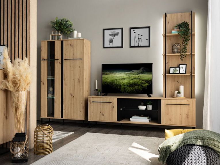 Mobile Porta tv Marrone Rovere Nodi Nero 2 Ripiani 4 Vani 170.5x42x54h cm, 2 Ante - Sutrio