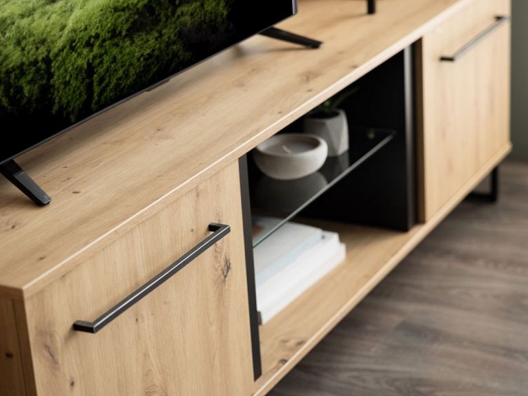 Mobile Porta tv Marrone Rovere Nodi Nero 2 Ripiani 4 Vani 170.5x42x54h cm, 2 Ante - Sutrio