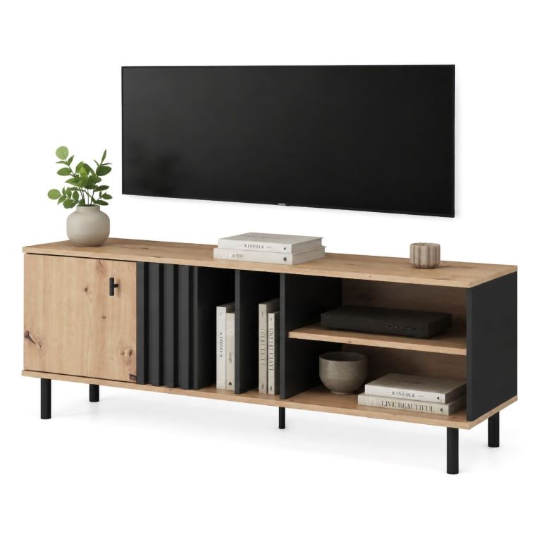 Mobile Porta tv Marrone Rovere Nodi Nero 2 Ripiani Un'anta 138x40x49h cm, con Piedini - Kali