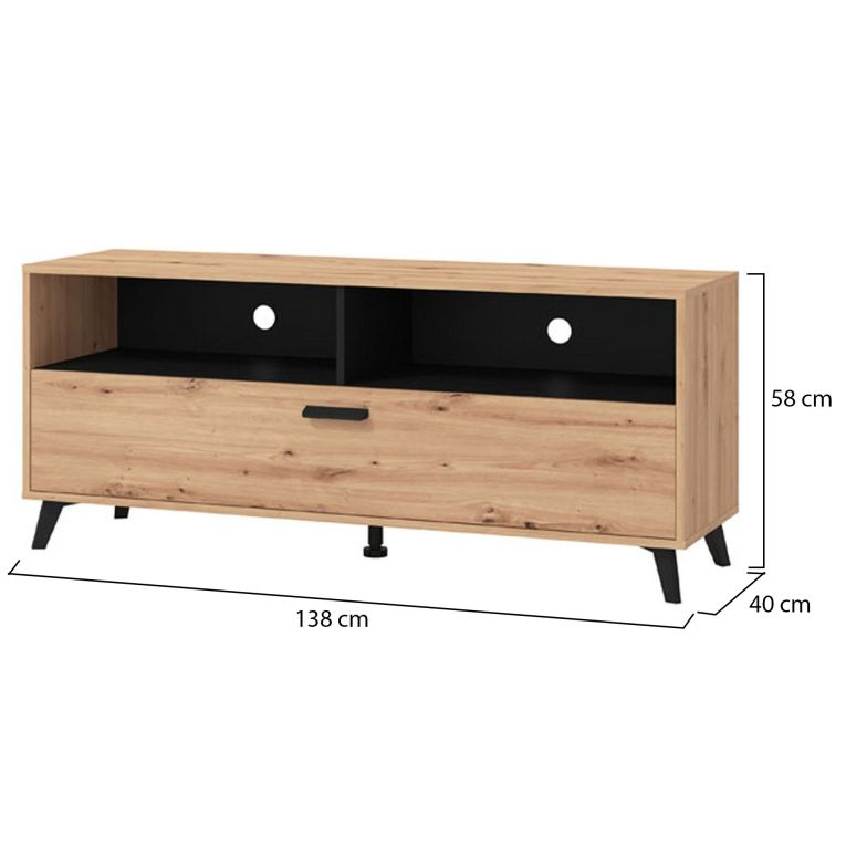 Mobile Porta tv Marrone Rovere Nodi Nero 3 Ripiani Un'anta 137.5x40x57.5h cm, 4 Vani - Platania