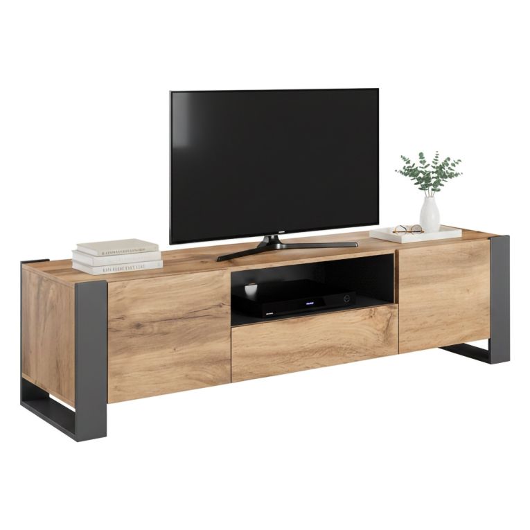 Mobile Porta tv Marrone Rovere Nodi Nero Antracite un Cassetto 3 Ripiani 180x44x48h cm, Apertura Battente, Scorrevole - Dronero