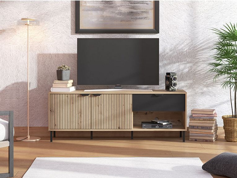 Mobile Porta tv Marrone Rovere Nodi Nero un Cassetto 2 Ripiani 150.5x40x54.5h cm, 2 Ante - Preone