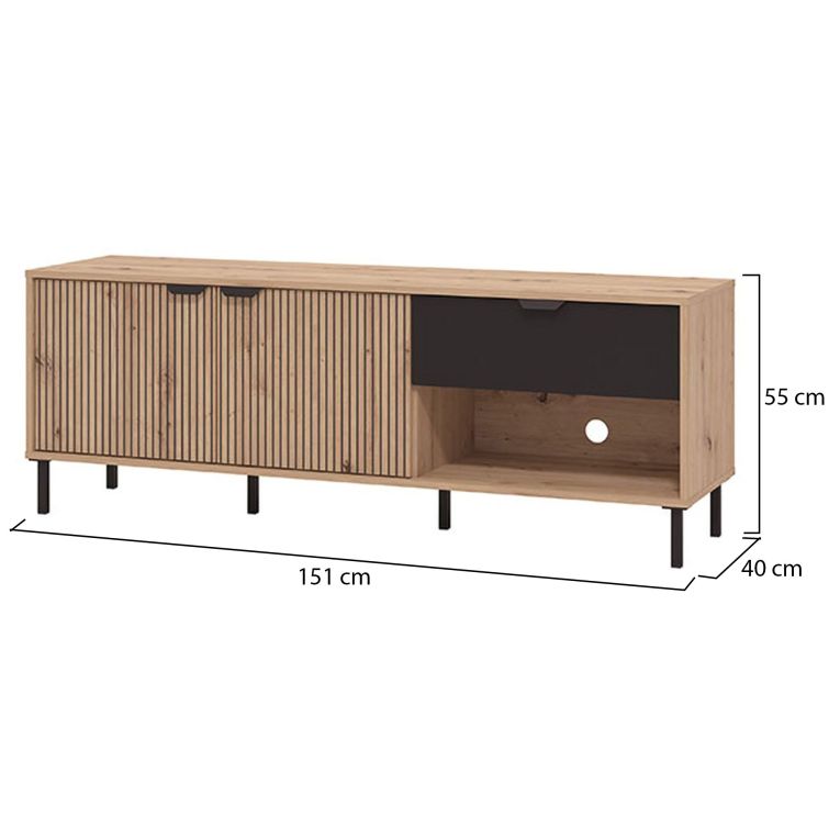 Mobile Porta tv Marrone Rovere Nodi Nero un Cassetto 2 Ripiani 150.5x40x54.5h cm, 2 Ante - Preone