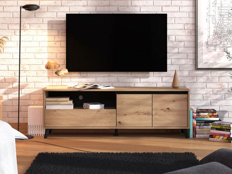 Mobile Porta tv Marrone Rovere Nodi Nero un Cassetto 2 Ripiani 157x40x52.5h cm, Apertura Battente, Scorrevole - Scala