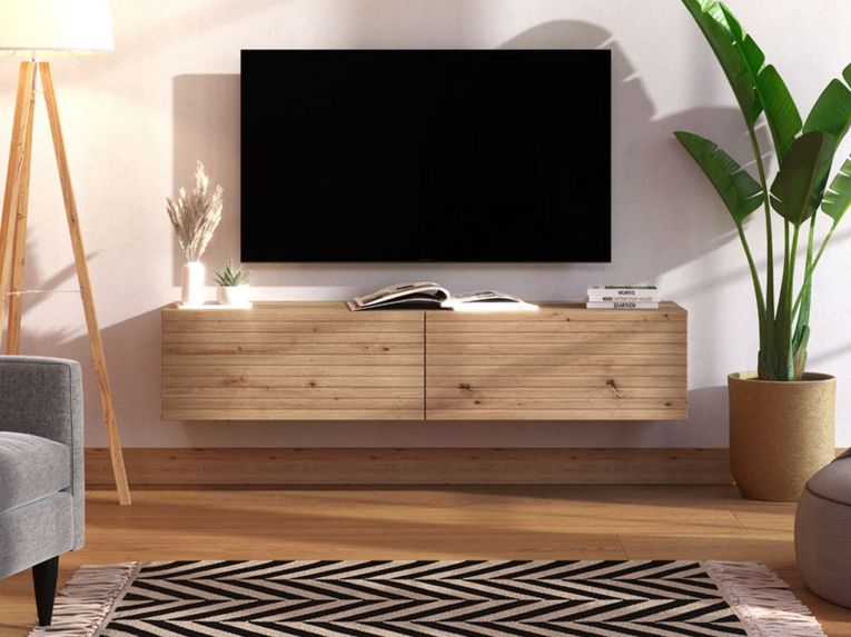 Mobile Porta tv Marrone Rovere Nodi un Ripiano 2 Ante 154x41.5x32h cm, Anta Effetto Rigato - Cedrasco