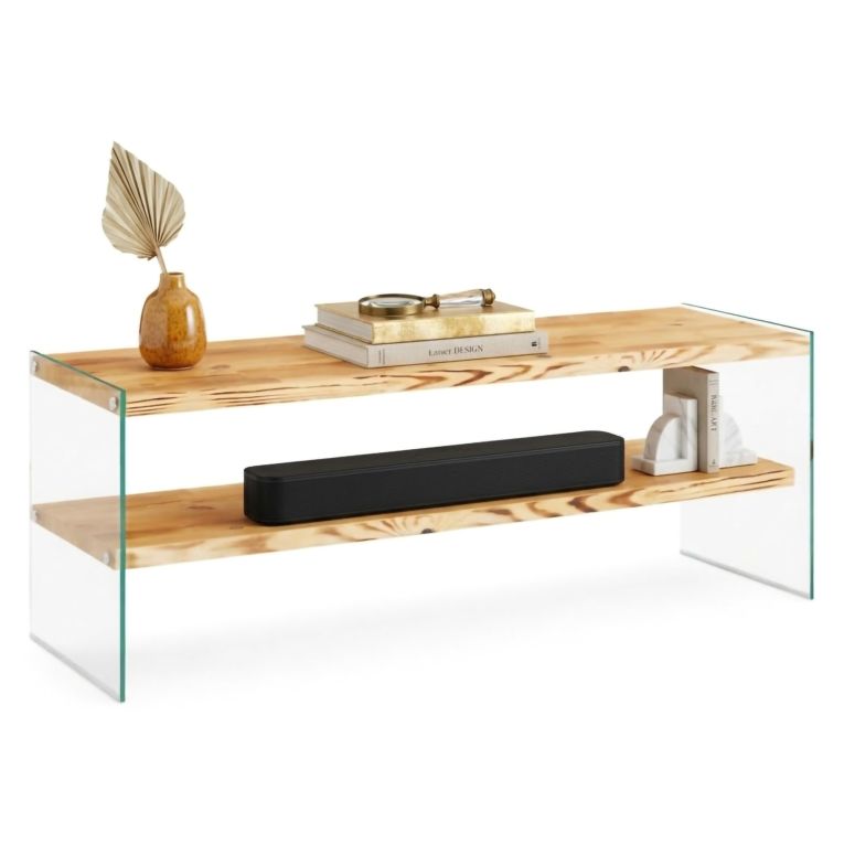 Mobile Porta tv Marrone Rovere Trasparente un Ripiano Struttura in Vetro Temperato 120x35x45h cm, un Vano - Cloz