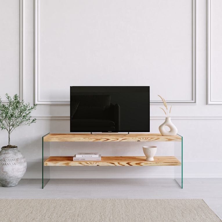 Mobile Porta tv Marrone Rovere Trasparente un Ripiano Struttura in Vetro Temperato 120x35x45h cm, un Vano - Cloz