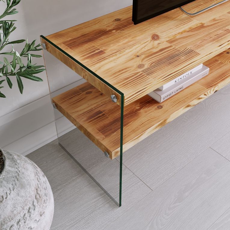 Mobile Porta tv Marrone Rovere Trasparente un Ripiano Struttura in Vetro Temperato 120x35x45h cm, un Vano - Cloz