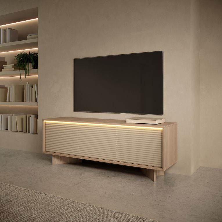 Mobile Porta tv Marrone Rovere un Ripiano 3 Ante 154x40x54h cm, Ante Effetto Rigato con led - Kamele