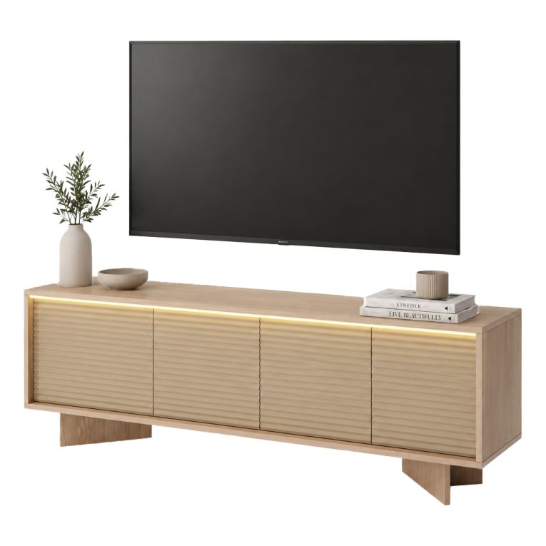Mobile Porta tv Marrone Rovere un Ripiano 3 Ante 154x40x54h cm, Ante Effetto Rigato con led - Kamele