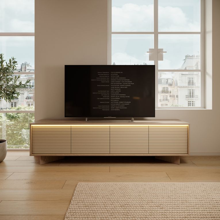 Mobile Porta tv Marrone Rovere un Ripiano 4 Ante 204x40x54h cm, Ante Effetto Rigato con led - Kame