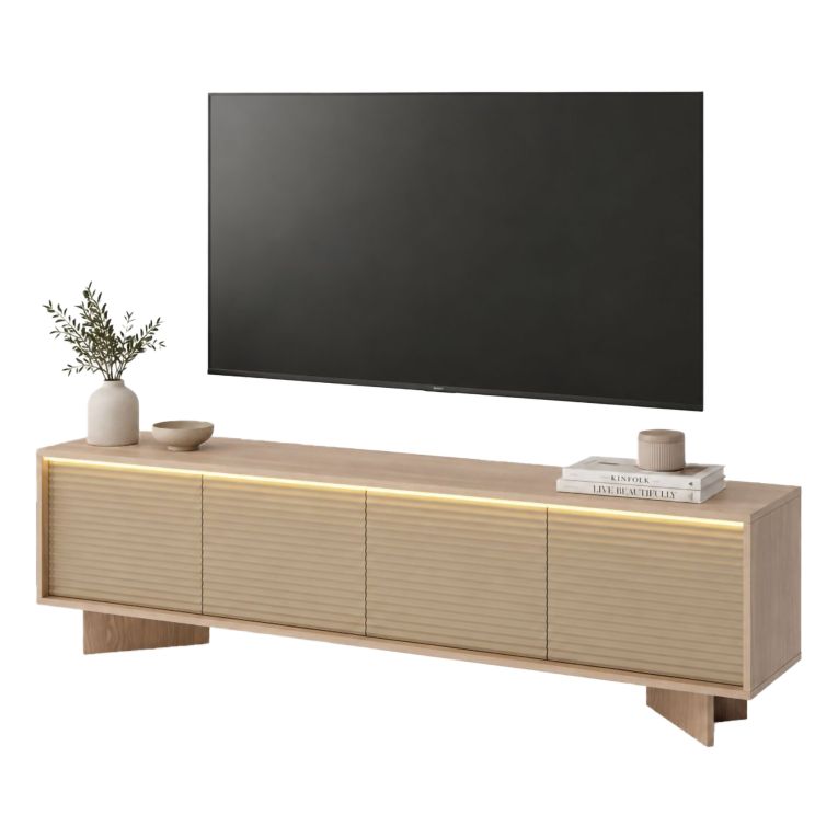 Mobile Porta tv Marrone Rovere un Ripiano 4 Ante 204x40x54h cm, Ante Effetto Rigato con led - Kame