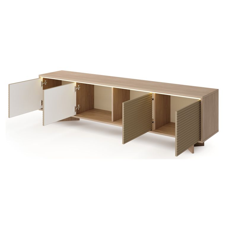 Mobile Porta tv Marrone Rovere un Ripiano 4 Ante 204x40x54h cm, Ante Effetto Rigato con led - Kame