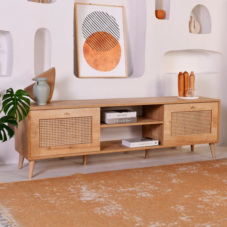 Mobile Porta tv Marrone Rovere un Ripiano Apertura a Ribalta 180x41x55h cm, 2 Ante - Grassano