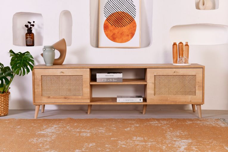 Mobile Porta tv Marrone Rovere un Ripiano Apertura a Ribalta 180x41x55h cm, 2 Ante - Grassano