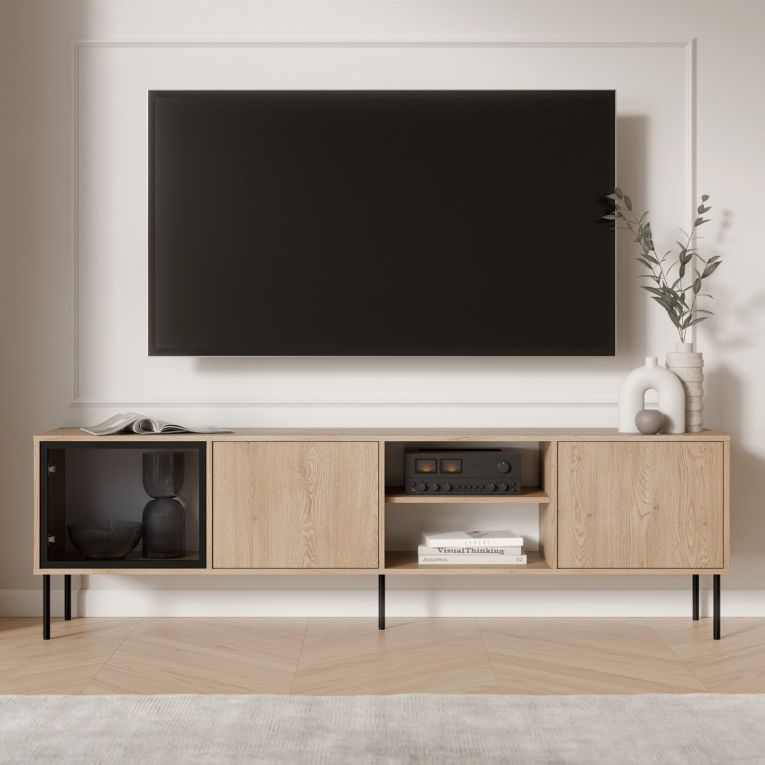 Mobile Porta tv Marrone un Ripiano 3 Ante 200x40x60h cm, Anta Dettaglio Vetro - Fiuggi