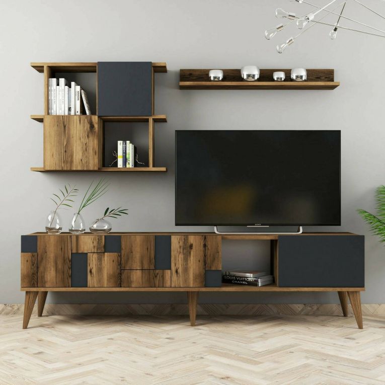 Mobile porta TV Menk, Supporto per televisione da salotto, Credenza bassa da soggiorno, Base porta TV, 180x34h49 cm, Noce e Antracite