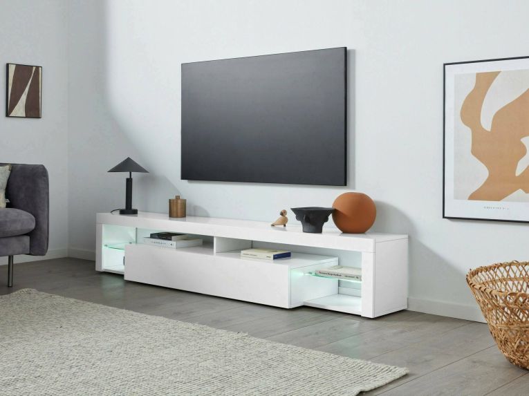 Mobile porta TV Meti, 200x40h35 cm, Bianco lucido