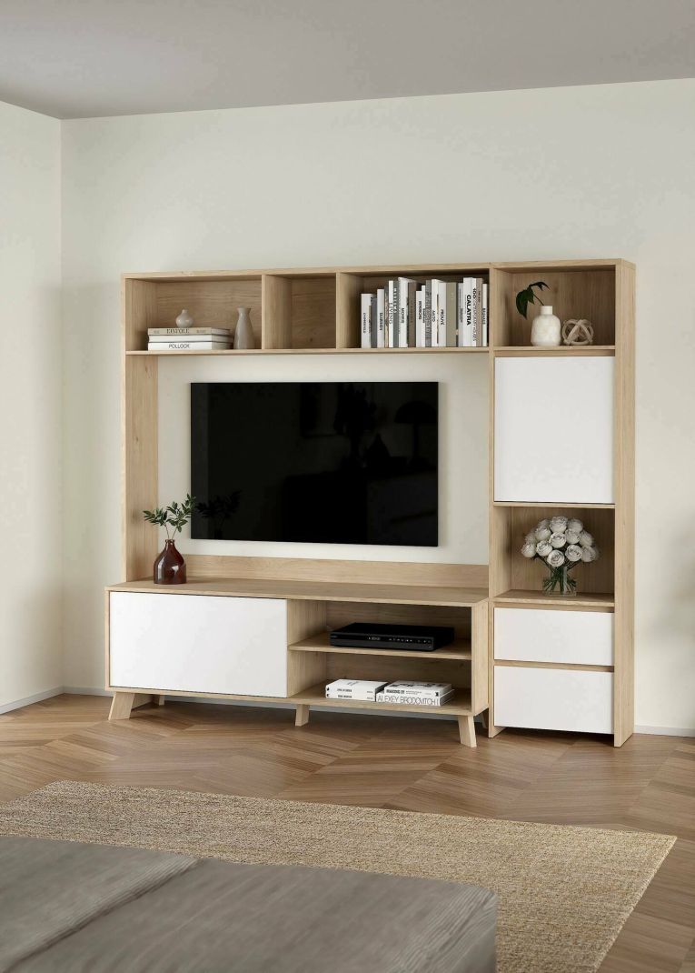 Mobile porta TV Nanette, Credenza da soggiorno, Armadio basso per TV, Base parete attrezzata, 48x209 h183 cm, Rovere e Bianco