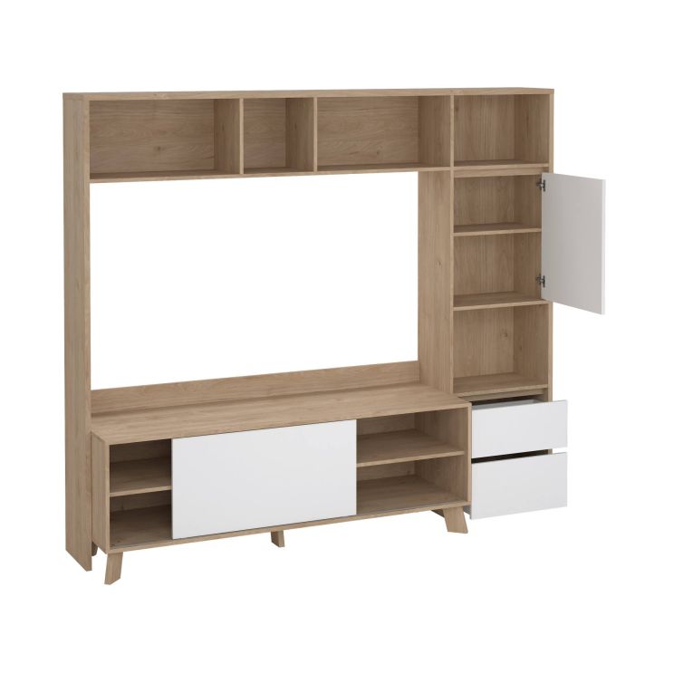 Mobile porta TV Nanette, Credenza da soggiorno, Armadio basso per TV, Base parete attrezzata, 48x209 h183 cm, Rovere e Bianco