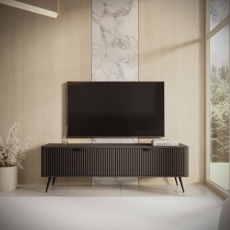 Mobile Porta tv Nero 2 Ripiani 2 Ante 163x38x51h cm, Ante Effetto Rigato con Piedini - Kalase