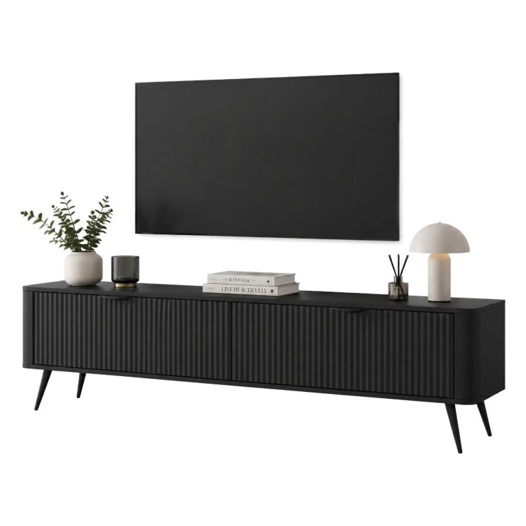 Mobile Porta tv Nero 2 Ripiani 2 Ante 163x38x51h cm, Ante Effetto Rigato con Piedini - Kalase