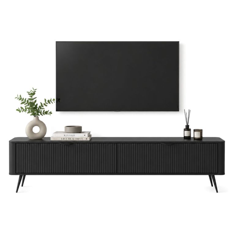 Mobile Porta tv Nero 2 Ripiani 2 Ante 200x38x51h cm, Ante Effetto Rigato con Piedini - Kala