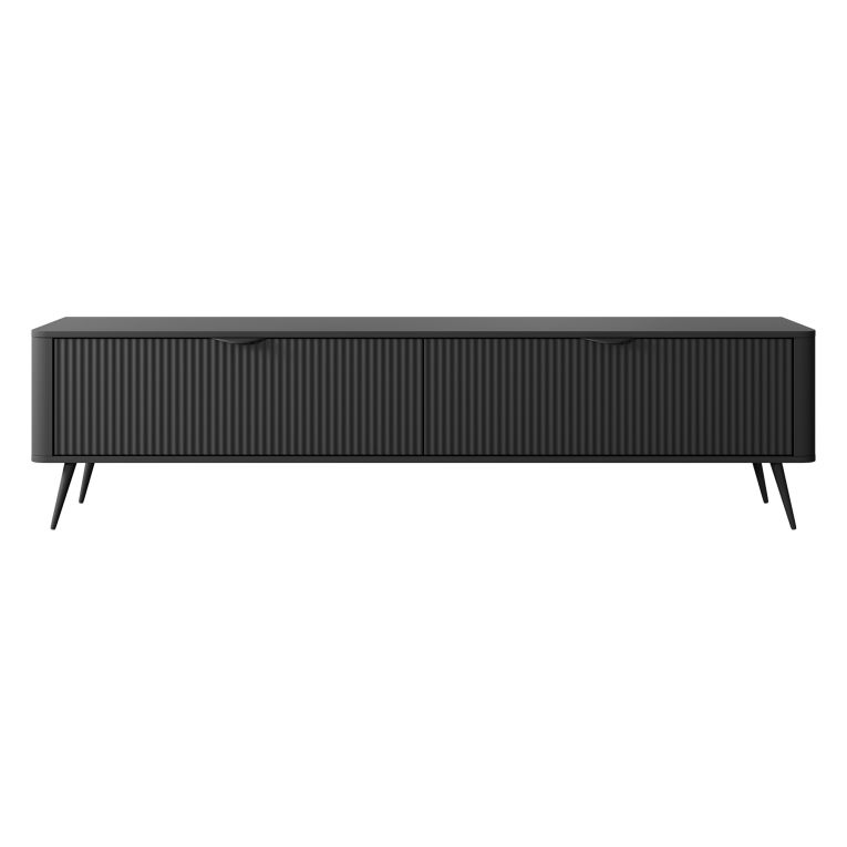 Mobile Porta tv Nero 2 Ripiani 2 Ante 200x38x51h cm, Ante Effetto Rigato con Piedini - Kala