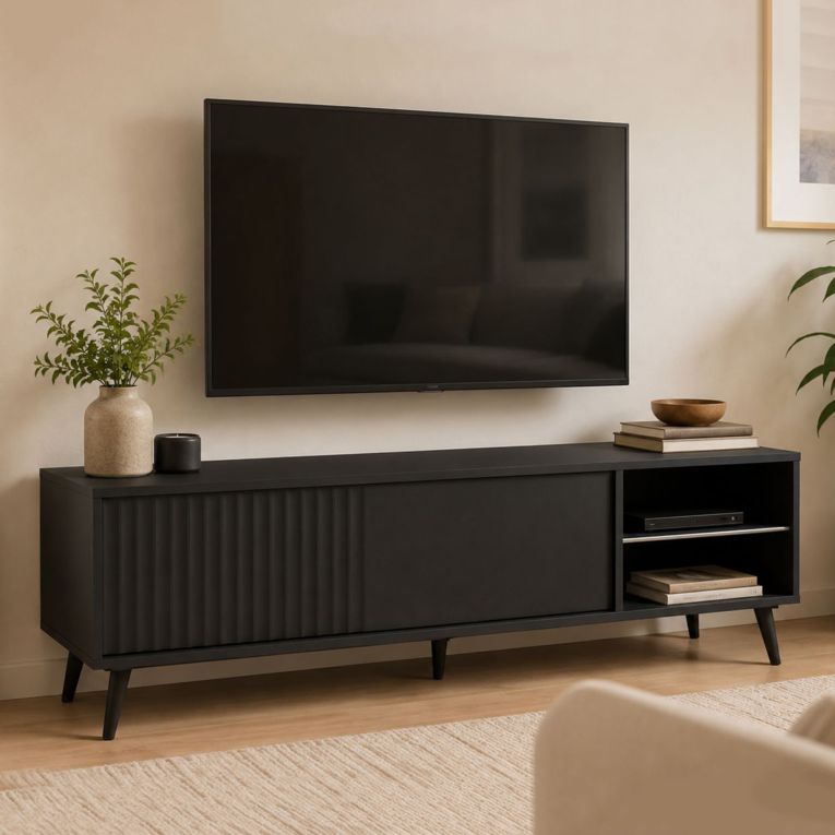 Mobile Porta tv Nero 2 Ripiani Un'anta 135x40x48h cm, con Piedini - Lilemi