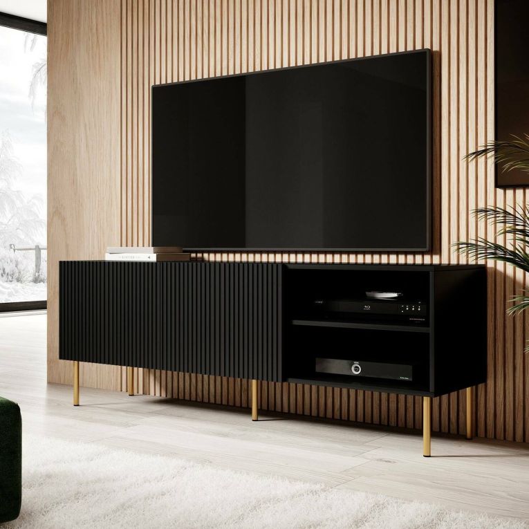 Mobile Porta tv Nero 3 Ripiani 2 Ante 150x42x52h cm, 6 Vani - Magnano
