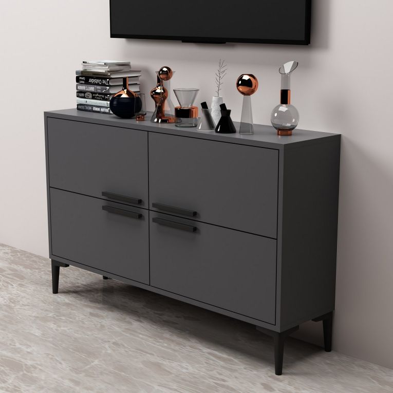 Mobile Porta tv Nero Antracite 2 Ripiani 4 Ante 120x30x75h cm, 4 Vani - Luzzi