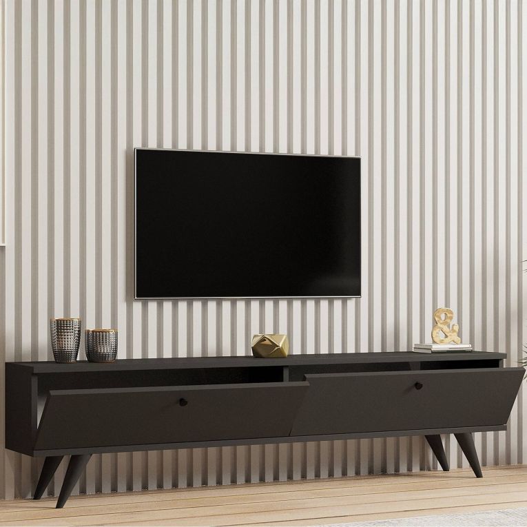 Mobile Porta tv Nero Antracite 2 Vani 2 Ante 160x25x40h cm, Apertura a Ribalta - Atestino