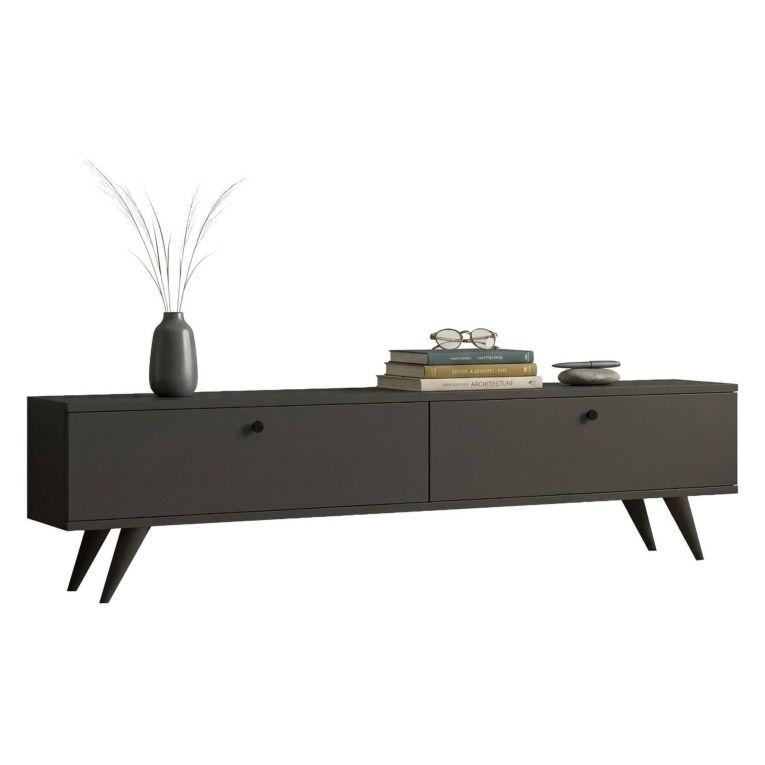 Mobile Porta tv Nero Antracite 2 Vani 2 Ante 160x25x40h cm, Apertura a Ribalta - Atestino