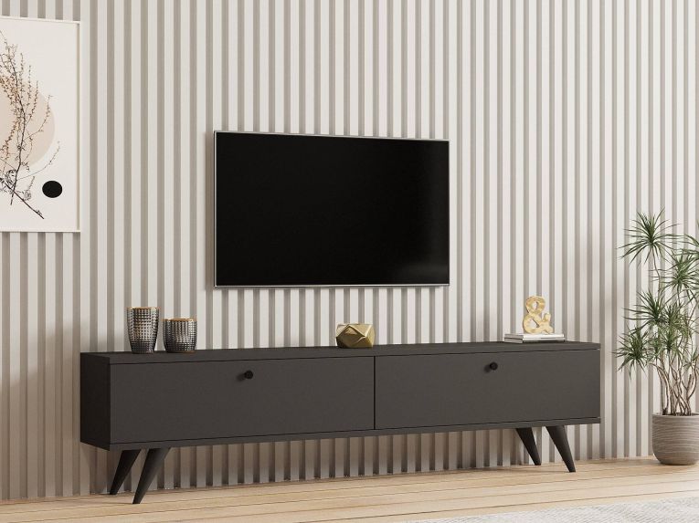 Mobile Porta tv Nero Antracite 2 Vani 2 Ante 160x25x40h cm, Apertura a Ribalta - Atestino