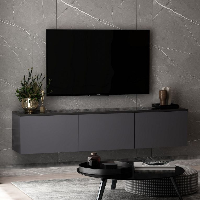 Mobile Porta tv Nero Antracite 3 Vani 3 Ante 160x32x35h cm, Apertura a Ribalta - Surrigone