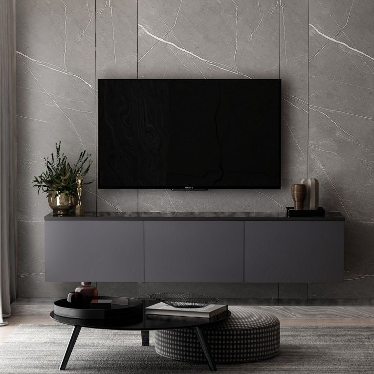Mobile Porta tv Nero Antracite 3 Vani 3 Ante 160x32x35h cm, Apertura a Ribalta - Surrigone