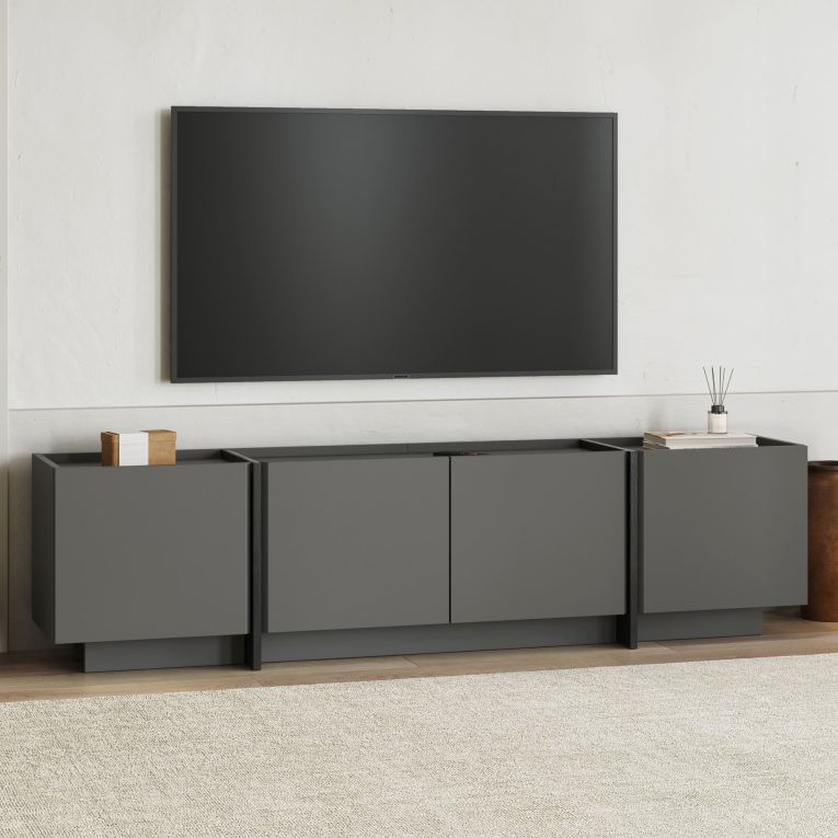 Mobile Porta tv Nero Antracite Apertura a Ribalta 4 Ante 180x35x46h cm, 4 Vani - Nokarara