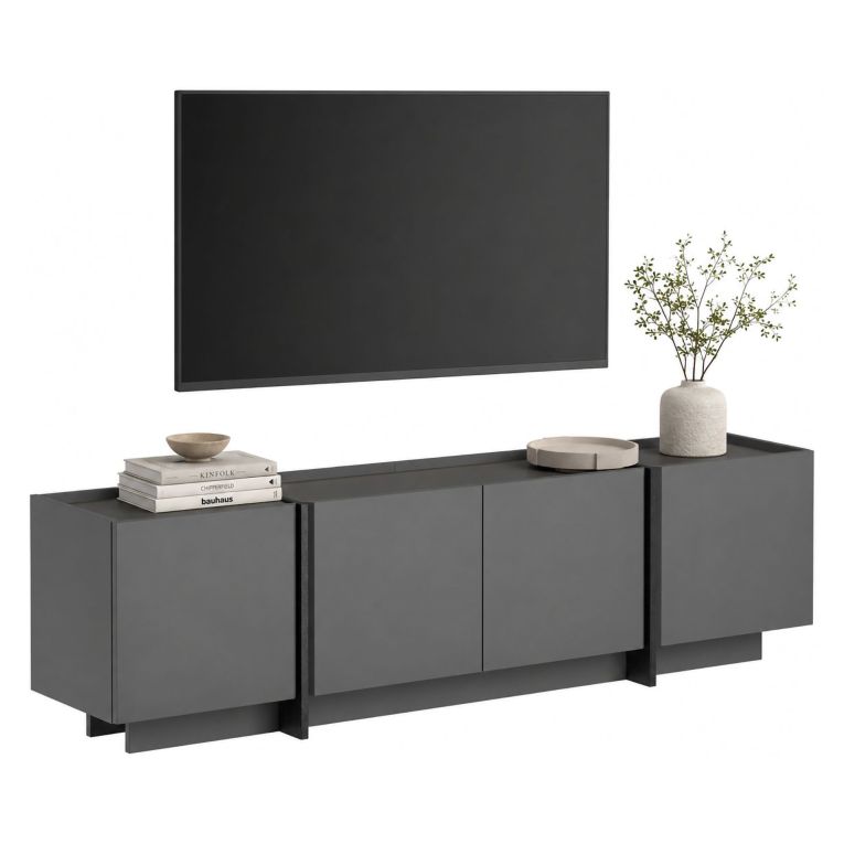 Mobile Porta tv Nero Antracite Apertura a Ribalta 4 Ante 180x35x46h cm, 4 Vani - Nokarara