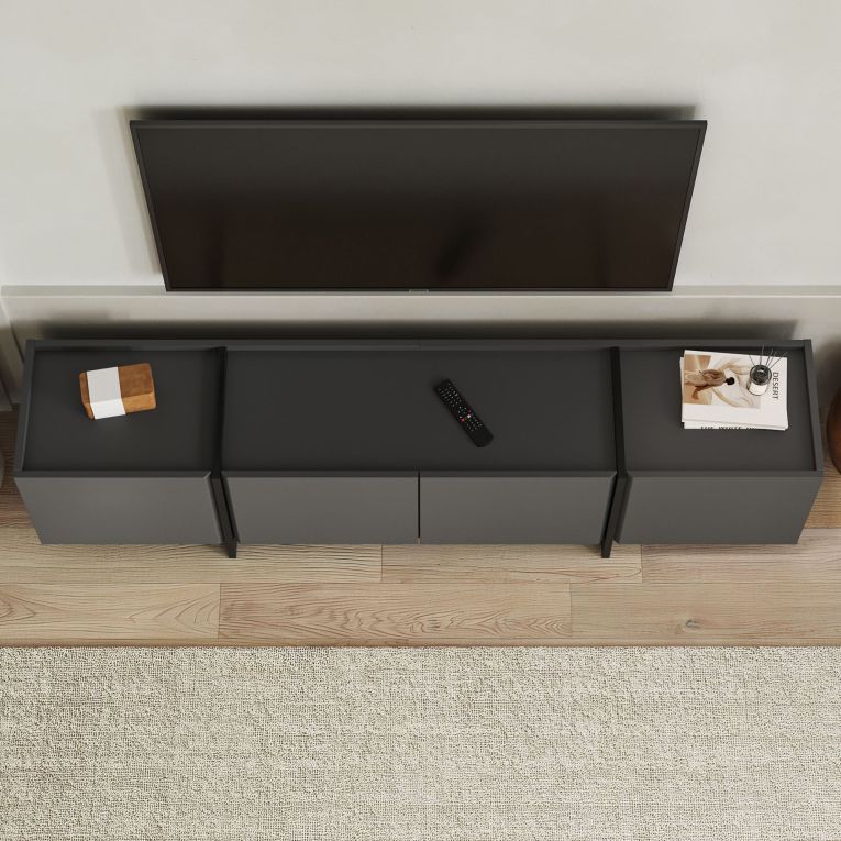 Mobile Porta tv Nero Antracite Apertura a Ribalta 4 Ante 180x35x46h cm, 4 Vani - Nokarara